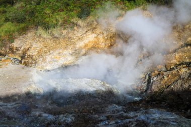 Muazzam Beyaz Jeotermal Buhar Buharı Sülfür Dağı manzaralı aktif volkanik krater Rocky Arazisi ve Yeşil Vejetaryen Çevresi Vahşi Doğada Doğal Sıcak Bahar Patlaması
