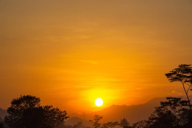 Dağ Silueti ve Tropikal Ağaçların Üzerinde Güzel Altın Gün Doğumu Sahne Arkaplan Turuncu Günbatımı Gökyüzü Parlak Güneş Diski ve Doğal Manzara Sabahın erken saatlerinde Horizon