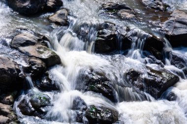 Uzun Akımlı Kayalık Nehir Akıntısı İpeksi Su Akışı ve Beyaz Köpük Doğal Karanlık Taşlar Üzerinde Şelaleleniyor