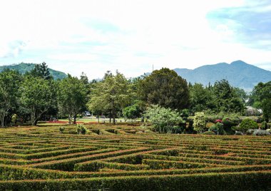 Yeşil Çit Labirenti ve Manzaralı Dağ Manzarası Yüksek Açı Manzaralı Leke Bahçesi