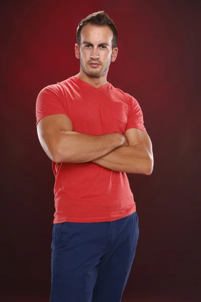 Brunette boy in red shirt — Stock Photo, Image