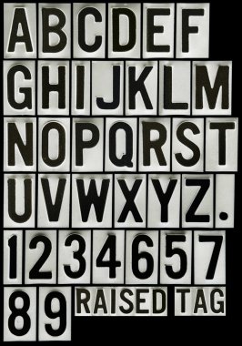 Raised license plate alphabet on metal