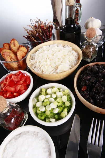 Arroz con plátanos y frijoles negros — Foto de Stock