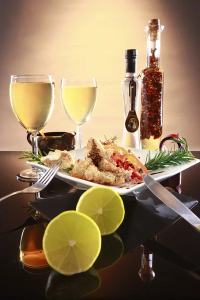 Battered fish or chicken, wine and spices — Stock Photo, Image