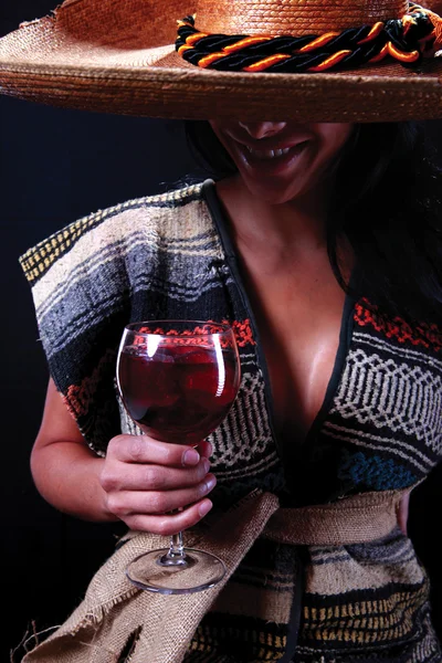 Mexican girl drinking red wine — Stock Photo, Image