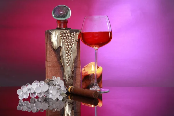 Cognac with candle and Cuban cigar — Stock Photo, Image