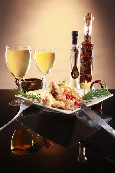 Battered fish or chicken, wine and spices — Stock Photo, Image