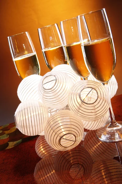 Wedding champagne and  lanterns — Stock Photo, Image