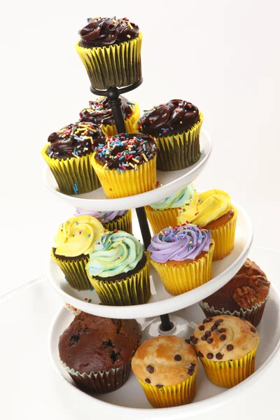 Trays of colorful assorted cupcakes — Stock Photo, Image