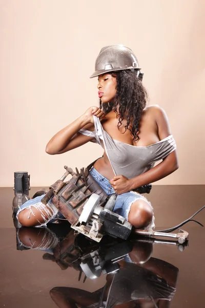 Sexy handyman with home care tools — Stock Photo, Image