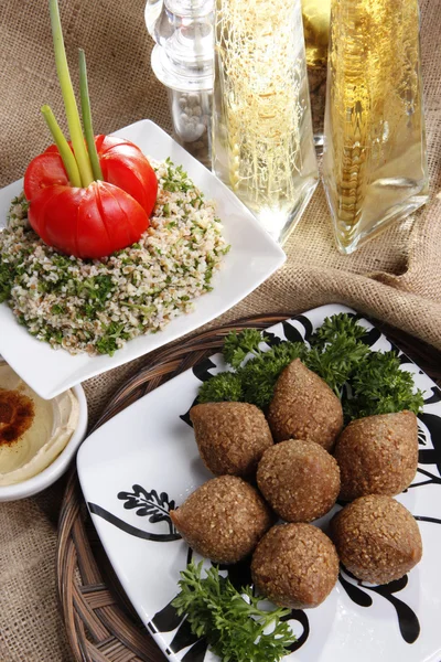 Fried Kibbe with Tabouli and Hummus Tahine — Stock Photo, Image