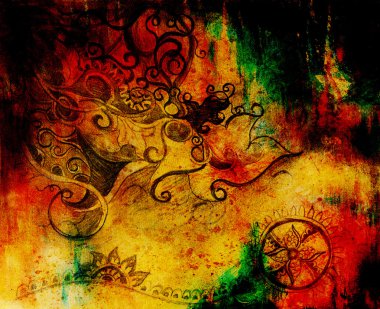 Güzel süsleme, eski kağıt üzerine çizim kalem. Ve arka plan rengi lekeler.