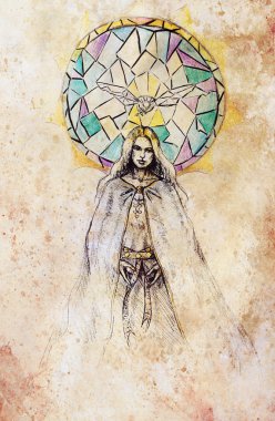 beautiful woman in histori dress and dove, and color mosaic on background. Drawing on paper.