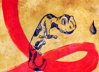 eski kağıt üzerine çizim kalem. Kertenkele elle çizilmiş.