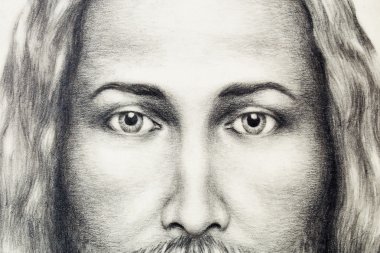 pencils drawing of Jesus on vintage paper. eye contact. clipart