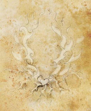 Beautiful Ornamental pencil drawing on old paper. Heart and fire with flash. Sepia color.