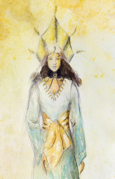 Szkic mistycznej kobiety w pięknej ozdobnej sukni inspirowanej projektowaniem w średnim wieku. — Zdjęcie stockowe