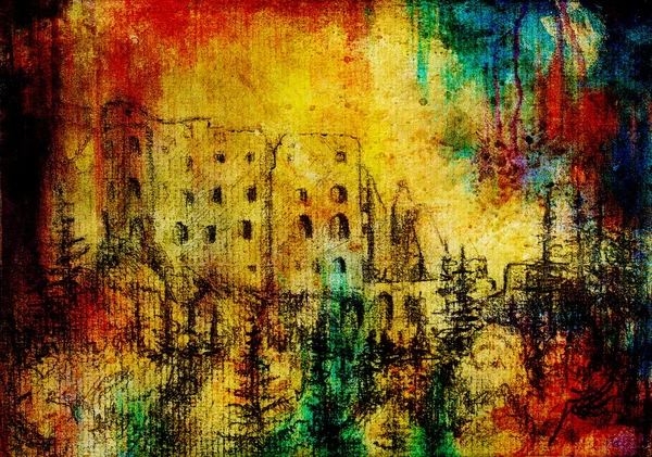 Middle castle drawing on old paper and color spots. — Stock Photo, Image