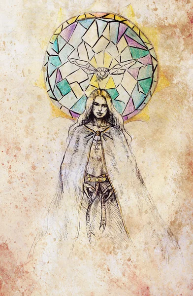 Mujer hermosa en vestido histori y paloma, y mosaico de color en el fondo. Dibujo sobre papel . — Foto de Stock