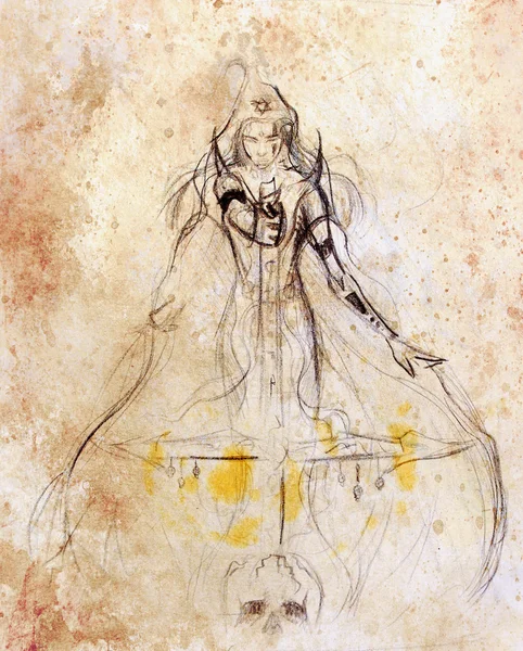 Blyertspenna ritning på gammalt papper. Kvinna Warior. Sepia färg. — Stockfoto