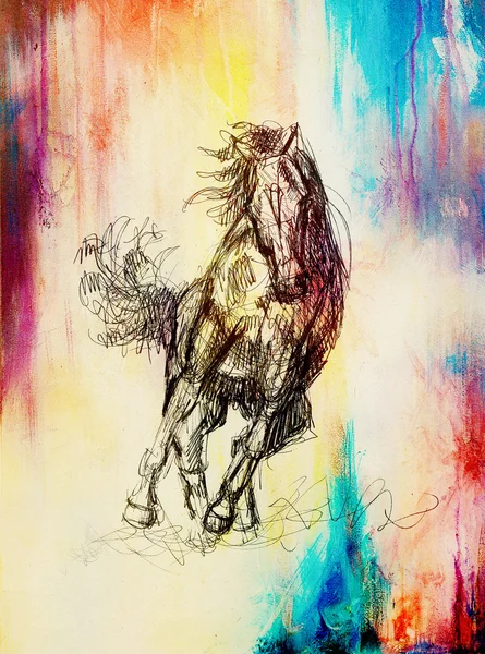 Dessinez un cheval crayon sur du vieux papier, du papier vintage et une ancienne structure avec des taches de couleur . — Photo