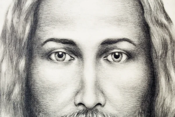 Potloden tekening van Jezus op Vintage papier. oogcontact. — Stockfoto
