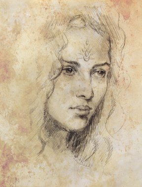 Süsleme ile genç kadın portre yüz üzerinde çizim, resim arka plan, bilgisayar kolaj üzerinde renk.