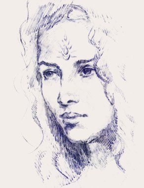 Çizim portre Genç kadın yüzünde süs, bilgisayar kolaj.