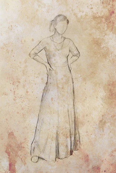 Boceto de mujer mística en hermoso vestido ornamental inspirado en el diseño de mediana edad, estructura de papel vintage y color sepia . — Foto de Stock