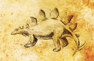 Stegosaurus pencil drawing on old paper, vintage paper and old structure with color spots. Original hand draw.