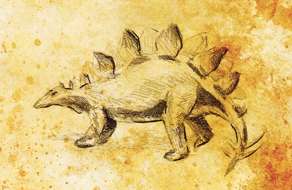 Stegosaurus pencil drawing on old paper, vintage paper and old structure with color spots. Original hand draw. — Zdjęcie stockowe