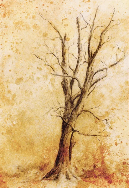 Painting tree in night landscape and abstract grunge background with spots, original hand draw and computer collage. — Stock Photo, Image