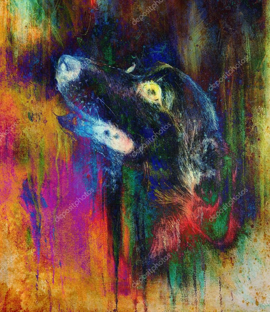 Disegno su carta vecchia d epoca e struttura vecchia con macchie di colore a matita cane — Foto di JozefKlopacka