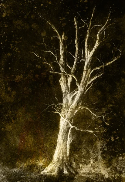 Картина дерева в нічному пейзажі та абстрактний гранжевий фон з плямами, оригінальний малюнок рук та комп'ютерний колаж . — стокове фото