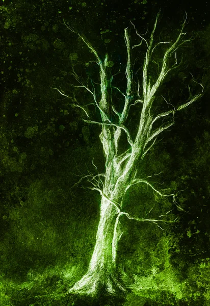 Painting tree in night landscape and abstract grunge background with spots, original hand draw and computer collage. — Stock Photo, Image