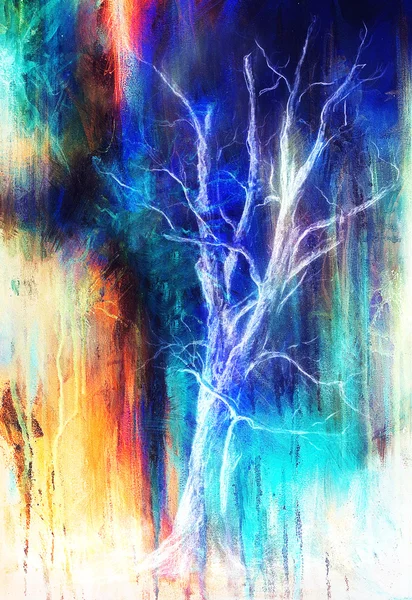 Painting tree in night landscape and abstract grunge background with spots, original hand draw and computer collage. — Stock Photo, Image