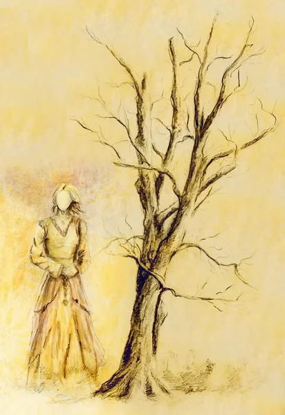 Gudinnan kvinna på trädet och färg abstrakt bakgrund. dator collage. — Stockfoto