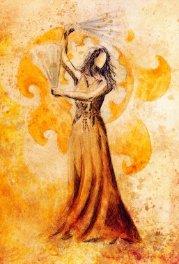 mistik dans kadın ve el fan kroki. Ve güzel süs arka plan.