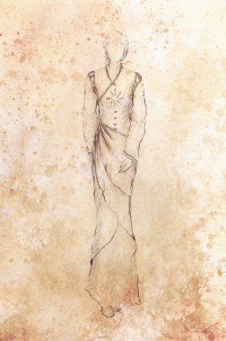 Orta yaş tasarımından esinlenerek güzel bir elbise giymiş mistik bir kadın eskizi..