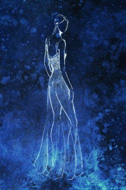 Ayakta şekil kadın, kalem eskiz kağıt üzerinde. Mavi arka plan.