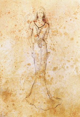 Orta yaş tasarımından esinlenerek güzel bir elbise giymiş mistik bir kadın eskizi..