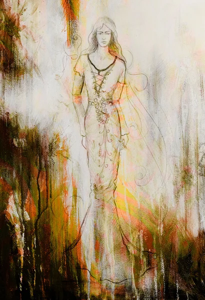 Skizze einer mystischen Frau in schönem Ornamentkleid. — Stockfoto