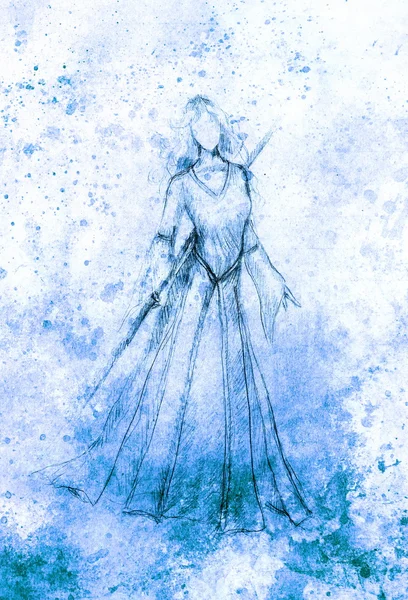 Náčrt mystické ženy a hůl v nádherných ozdobných šatech. — Stock fotografie