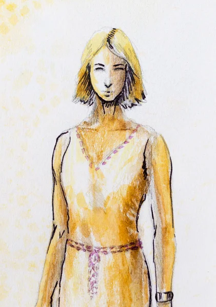 Sketsa wanita mistis dengan gaun ornamental yang indah terinspirasi oleh desain usia pertengahan. — Stok Foto