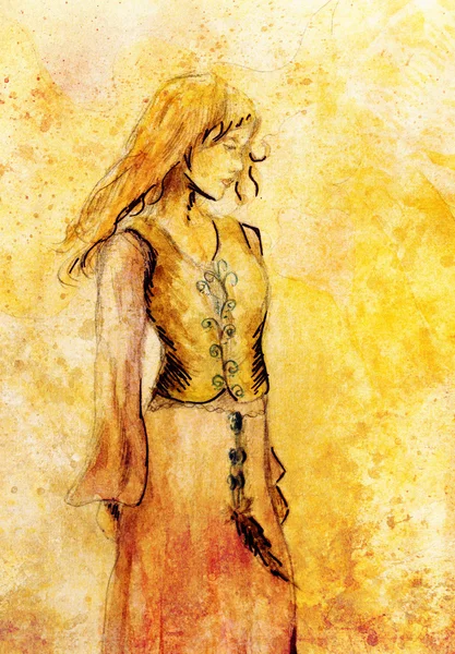 Boceto de mujer mística en hermoso vestido ornamental . — Foto de Stock