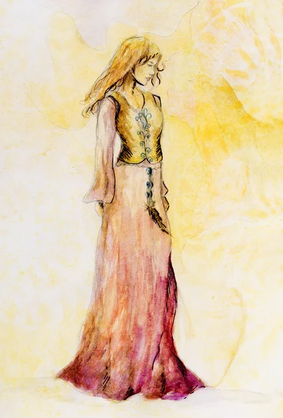 Σκίτσο της μυστικιστικής γυναίκας σε όμορφο διακοσμητικό φόρεμα εμπνευσμένο από το σχέδιο μέσης ηλικίας. — Φωτογραφία Αρχείου