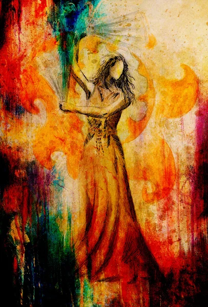 Ескіз Східні танцівниця і рука вентилятор. І красиві декоративні фону. — стокове фото