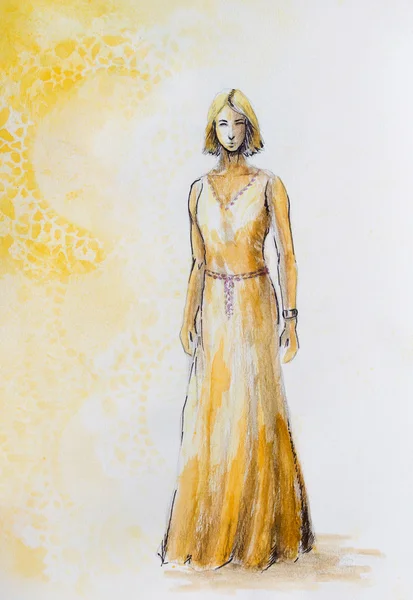 Sketsa wanita mistis dengan gaun ornamental yang indah terinspirasi oleh desain usia pertengahan. — Stok Foto