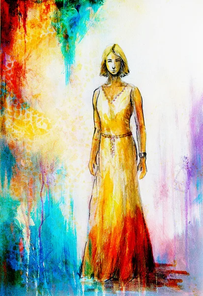 Szkic mistycznej kobiety w pięknej ozdobnej sukni inspirowanej projektowaniem w średnim wieku. — Zdjęcie stockowe
