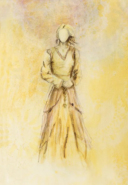 Schiță de femeie mistică în rochie ornamentală frumoasă inspirată de designul de vârstă mijlocie . — Fotografie, imagine de stoc